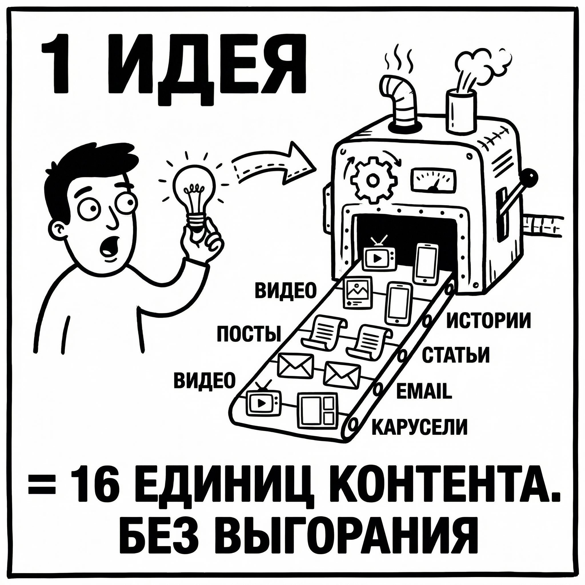 Мем: без контент-машины vs 1 идея = 16 постов